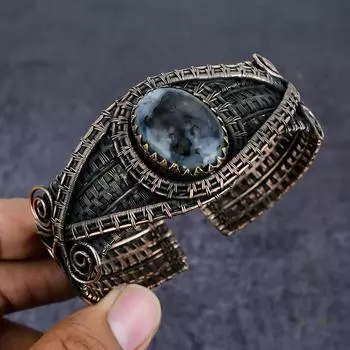 Браслет-манжета из натурального дендрита и опала, медная проволока, регулируемый P3O17