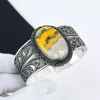 Браслет-манжета из натурального драгоценного камня Bumble Bee Jasper, ручная работа, стерлинговое серебро 925 пробы, браслет Bumble Bee Jasper, для жены, браслет унисекс, подарки из ваты 6 жёлтый