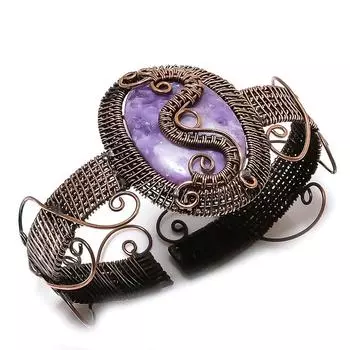 Браслет-манжета из натурального драгоценного камня лепидолита с медной проволокой, регулируемый e2F73