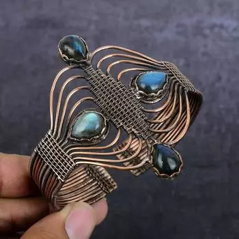 Браслет-манжета из натурального драгоценного камня лабрадорита с медной проволокой, регулируемый G7s09