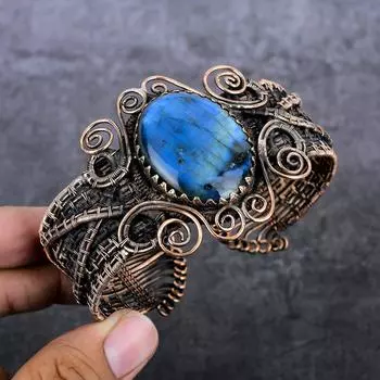 Браслет-манжета из натурального драгоценного камня лабрадорита с медной проволокой, регулируемый o1l27