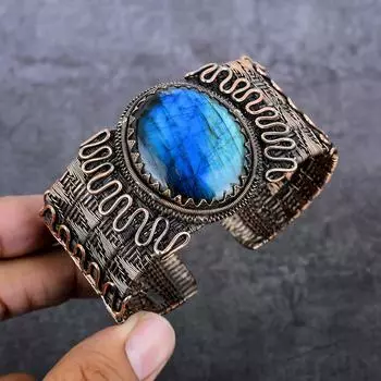 Браслет-манжета из натурального драгоценного камня лабрадорита с медной проволокой, регулируемый f4g51