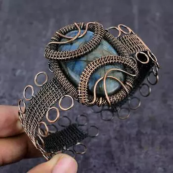 Браслет-манжета из натурального драгоценного камня лабрадорита с медной проволокой, регулируемый O5p80