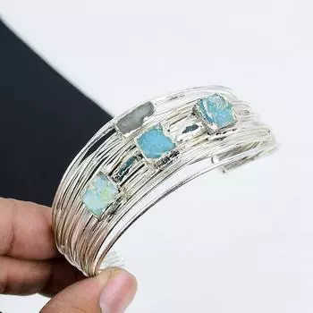 Браслет-манжета из натурального камня Ларимар, ручная работа, серебро 925 пробы, браслет-манжета из аквамарина для жены, унисекс-браслет-манжета в подарок для него Adjustable синий