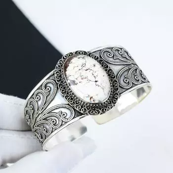 Браслет-манжета из натурального камня Wild Hoser Jasper, ручная работа, стерлинговое серебро 925 пробы, браслет Wild Hoser Jasper, для жены, унисекс-браслет, праздничные наряды в подарок 6 белый