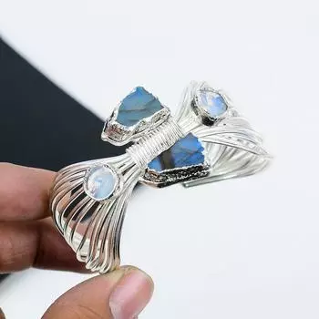 Браслет-манжета из натурального лабрадорита, стерлингового серебра 925 пробы, браслет-манжета из молочного опала для жены, браслет-манжета унисекс в подарок для него Adjustable синий