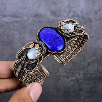 Браслет-манжета из натурального лазурита, лунного камня, медной проволоки, регулируемый G3z04