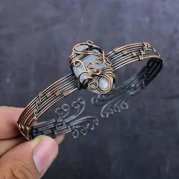 Браслет-манжета из натурального лунного камня ручной работы из медной проволоки, регулируемый W1f66