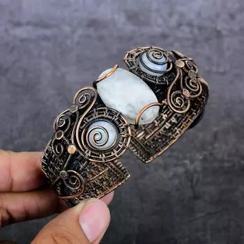 Браслет-манжета из натурального лунного камня ручной работы из медной проволоки, регулируемый a3F71