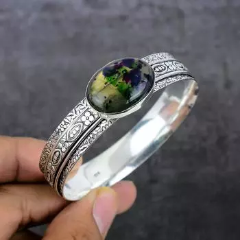 Браслет-манжета из натурального многоцветного лабрадорита 925 пробы, регулируемый S0c83