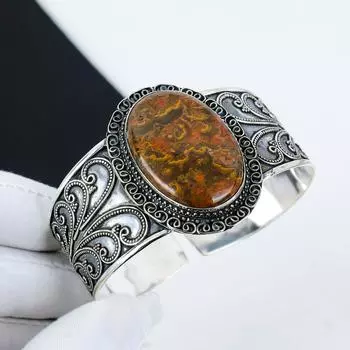 Браслет-манжета из натурального океанического яшмового камня ручной работы из стерлингового серебра 925 пробы, браслет из океанического яшмового камня, для жены, браслет унисекс, пасхальные подарки 6 коричневый