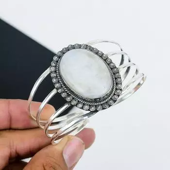 Браслет-манжета из натурального радужного лунного камня ручной работы из стерлингового серебра 925 пробы, браслет с радужным лунным камнем, для жены, браслет унисекс, подарки для любви 6 белый