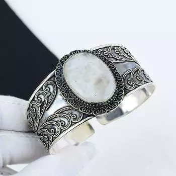 Браслет-манжета из натурального радужного лунного камня ручной работы из стерлингового серебра 925 пробы, браслет с лунным камнем, для жены, браслет унисекс, подарки на День отца 6 белый