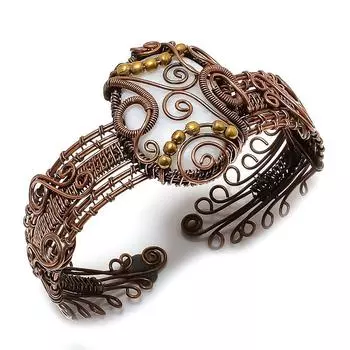 Браслет-манжета из натурального радужного лунного камня с медной проволокой, регулируемый G4v31