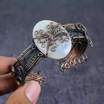 Браслет-манжета из натурального радужного лунного камня с медной проволокой, регулируемый C4N87