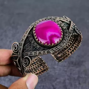 Браслет-манжета из натурального розового кружевного агата с медной проволокой, регулируемый K3q95