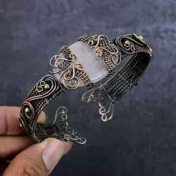 Браслет-манжета из натурального розового кварца из стерлингового серебра 925 пробы, регулируемый z9H73