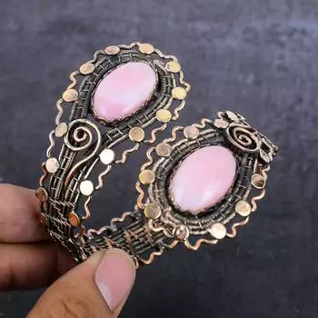 Браслет-манжета из натурального розового опала ручной работы из медной проволоки, регулируемый A5T83