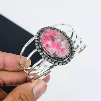 Браслет-манжета из натурального розового тулита, ручная работа, стерлинговое серебро 925 пробы, розовый тулит, для жены, унисекс-браслет, подарки для вечеринки 6 розовый