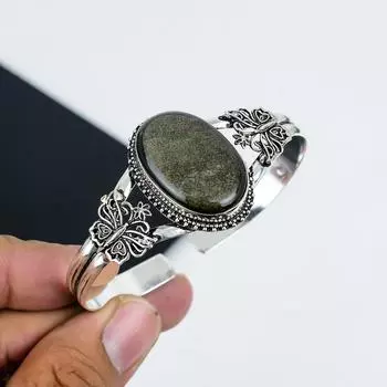 Браслет-манжета из натурального серебряного камня Osidian с блеском, серебряный браслет Osidian с блеском, для жены, браслет унисекс, подарки для нее 6 серебряный