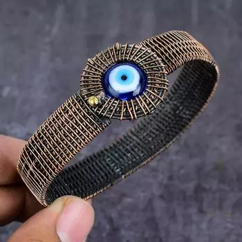 Браслет-манжета из натурального синего драгоценного камня сглаза из медной проволоки, регулируемый V4o83