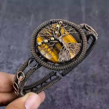 Браслет-манжета из натурального тигрового глаза ручной работы из медной проволоки, регулируемый o1w52