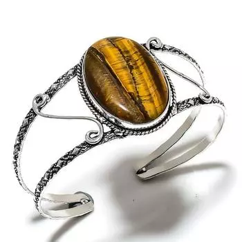 Браслет-манжета из натурального тигрового глаза ручной работы из стерлингового серебра 925 пробы, регулируемый P7c95