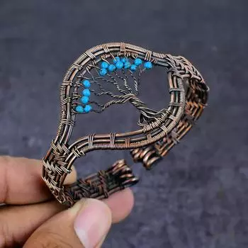 Браслет-манжета из натуральной аризонской бирюзы с медной проволокой, регулируемый U2D93