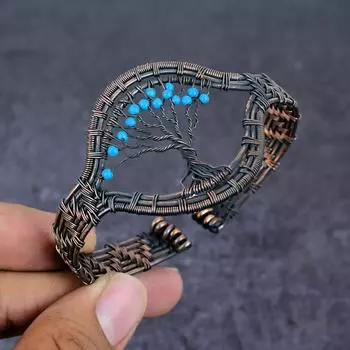 Браслет-манжета из натуральной аризонской бирюзы с медной проволокой, регулируемый U2k79