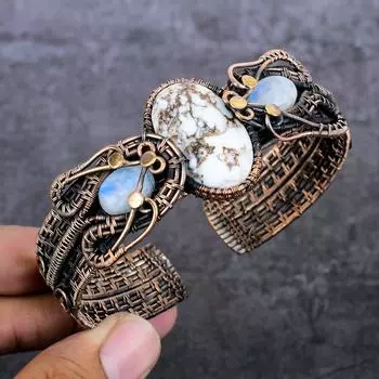 Браслет-манжета из натуральной дикой лошади, лунного камня, медной проволоки, регулируемый p9W31