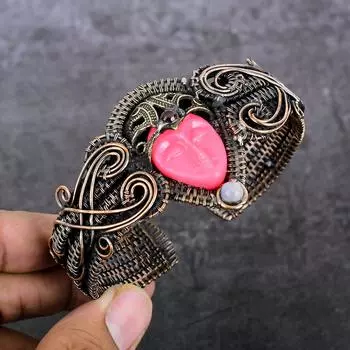 Браслет-манжета из натуральной камеи, лунного камня, медной проволоки, регулируемый E8N78