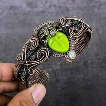 Браслет-манжета из натуральной камеи, лунного камня, медной проволоки, регулируемый t4S82