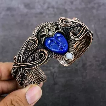 Браслет-манжета из натуральной камеи, лунного камня, медной проволоки, регулируемый z3F17