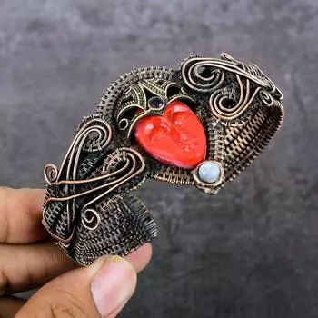 Браслет-манжета из натуральной камеи, лунного камня, медной проволоки, регулируемый L8C24