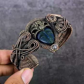 Браслет-манжета из натуральной камеи, лунного камня, медной проволоки, регулируемый T6Z23