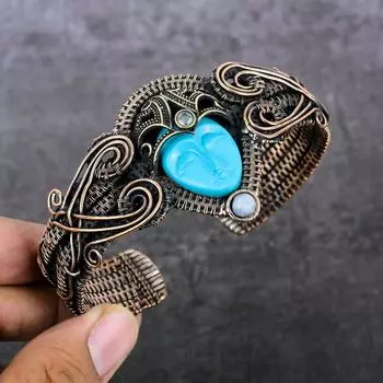 Браслет-манжета из натуральной камеи, лунного камня, медной проволоки, регулируемый m0d13