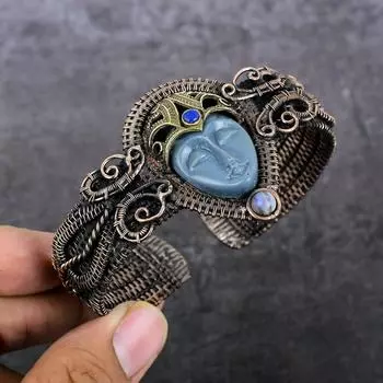 Браслет-манжета из натуральной камеи, топаза, медной проволоки, регулируемый u3c58