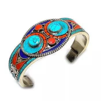 Браслет-манжета из натуральной тибетской бирюзы и коралловых камней, регулируемый, ручной работы E7Y26