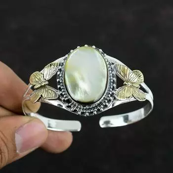 Браслет-манжета из перламутра с драгоценными камнями, регулируемый браслет-бабочка, браслет из стерлингового серебра 925 пробы, браслет ручной работы с позолотой 18 карат, подарки для него