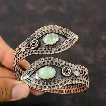 Браслет-манжета из пренита, браслет с драгоценными камнями, ювелирные изделия из медной проволоки, регулируемый браслет, медный браслет, подарок для него, браслет из проволочной обмотки ручной работы