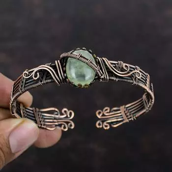 Браслет-манжета из пренитовой меди, браслет с драгоценными камнями, ювелирные изделия из медной проволоки, регулируемый браслет, браслет из медной проволоки, подарок для него, манжеты ручной работы