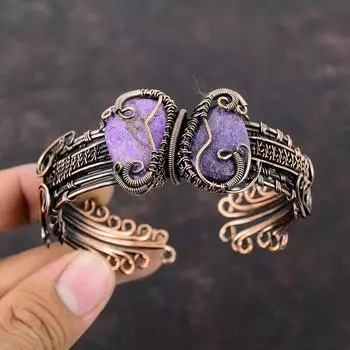 Браслет-манжета из пурпурита, драгоценного камня, медная проволока, ювелирные изделия, регулируемый браслет, браслет-манжета ручной работы, браслет из медной проволоки, подарок для женщин