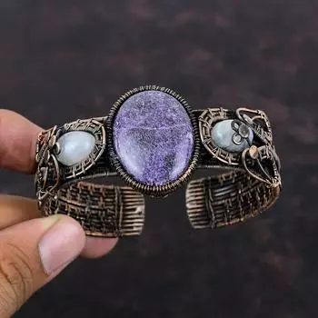 Браслет-манжета из пурпурита, медная проволока, браслет с драгоценными камнями, радужная манжета из лунного камня, регулируемый браслет, ювелирные изделия ручной работы из меди, подарок на помолвку