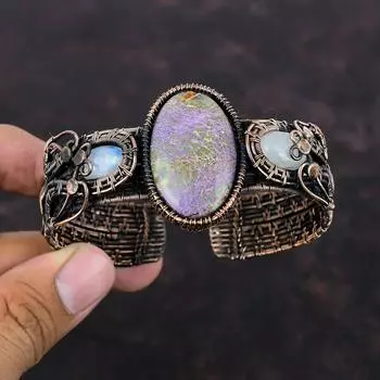 Браслет-манжета из пурпурита, медная проволока, обернутый драгоценным камнем, радужная медная бижутерия, регулируемый браслет, манжета ручной работы, подарок для женщин