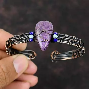 Браслет-манжета из пурпурита Синий халцедон и лазурит Бусы Браслет Медная проволока Обернутые каменные украшения Регулируемый браслет Браслет ручной работы