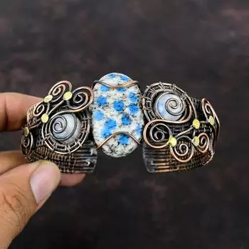 Браслет-манжета из яшмы K2, медная проволока, регулируемый браслет, браслет-манжета из радужного лунного камня, драгоценный камень, браслет ручной работы, медные украшения, подарок для него