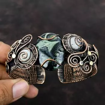 Браслет-манжета из яшмы Камбаба, браслет-манжета с радужным лунным камнем, медная проволока, браслет-манжета, браслет с драгоценными камнями, регулируемая манжета, ювелирные изделия ручной работы, подарок для нее