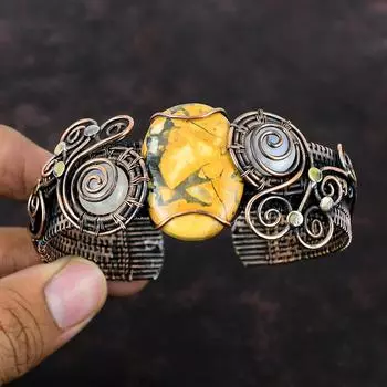 Браслет-манжета из яшмы Малигано, браслет-манжета из медной проволоки, браслет-манжета с радужным лунным камнем, регулируемый браслет, ювелирные изделия из натуральных драгоценных камней, браслет ручной работы