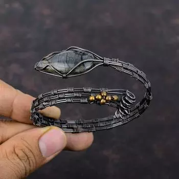 Браслет-манжета из яшмы Пикассо, медная проволока, браслет с драгоценными камнями, регулируемая манжета, браслет ручной работы, медная проволока, ювелирные изделия, подарок на годовщину