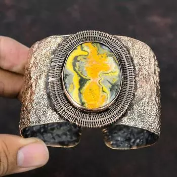 Браслет-манжета из яшмы с шмелем, медная проволока, ювелирные изделия из драгоценных камней, регулируемый браслет-манжета ручной работы, свадебный подарок, браслет из медной проволоки